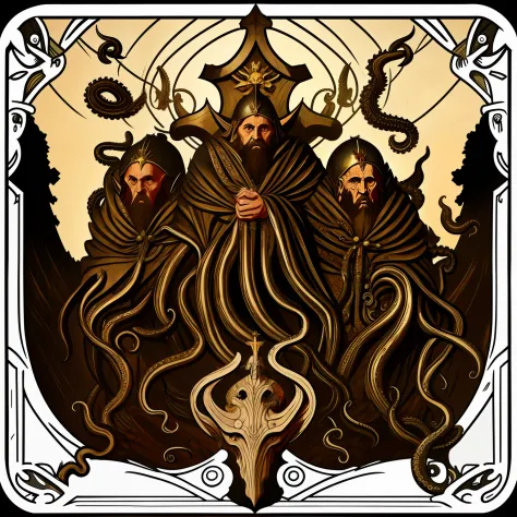 Three-headed monster, middle ages. detalhes, tentacles, Cristo, igreja, papa,