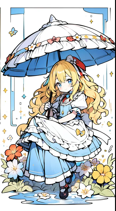Sun umbrella、alice in the wonderland、yellow  hair、light blue  eyes、cute little、Wavy hair、Alice in Wonderland Costume、flower garden