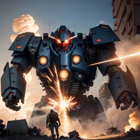 1 giant robot Fighter, heavy mech armor, red and blue painting, damaged, backpack jet ,canons,   battle stance , fighting stance, laser beams, dynamic pose, dynamic camera angle,  explosions,  destroyed city, smokes, fires, 
motion blur, depth field,
maste...