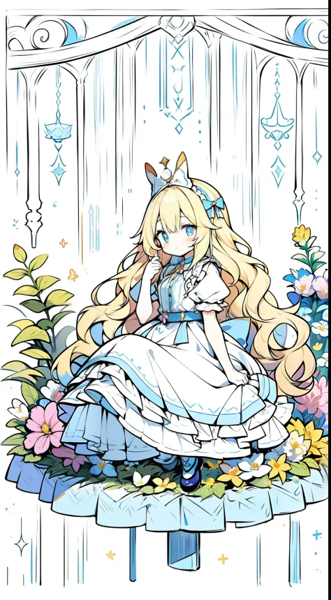 alice in the wonderland、yellow  hair、light blue  eyes、cute little、Wavy Hair、Alice in Wonderland Costume、Flower Garden