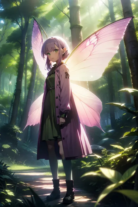 young girl, purple hair, green eyes, fairy, pink fairy wings, green plant clothes, in a forest, fantastic trees, fireflies in th...