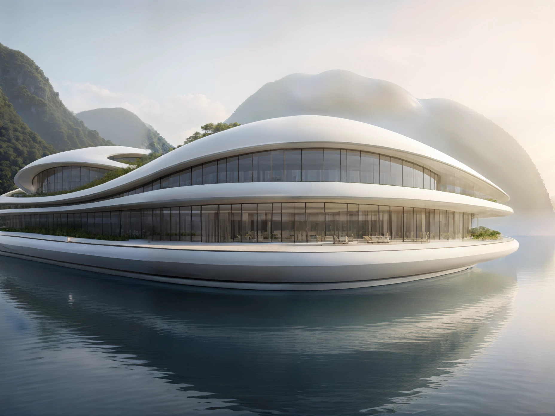 , masterpiece, (photorealistic:1.2), best quality, ultra high res,exterior,Floatinghouse, zaha hadid, daylight,render Vray,