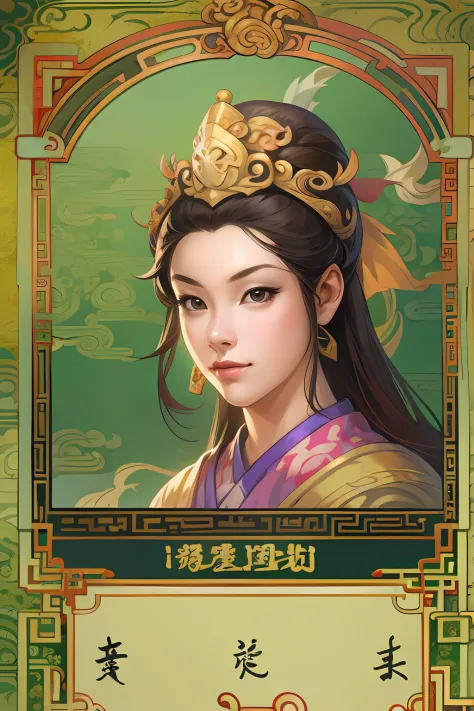 Card design、tarot cards，1female，Three Kingdoms style:1.2，Ancient Chinese background，A meticulous face，Clear and beautiful face，C...