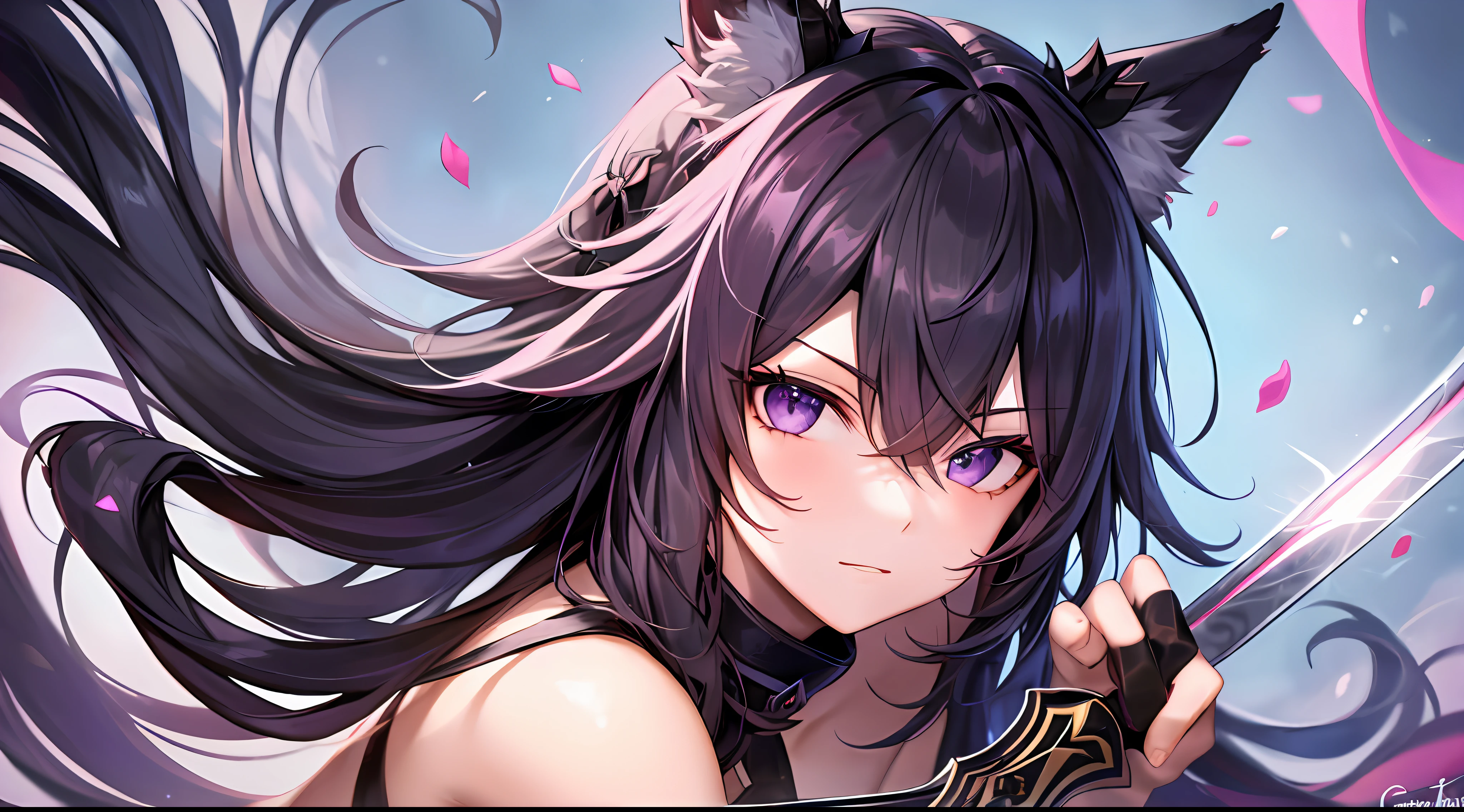 Mast, best quality, 1 girl, eula \ (Genshin Impact), black hair, purple eyes, long hair, headband, hair accessories, looking at the audience, facing viewer, eula signature weapon claymore sword, fox ears bent