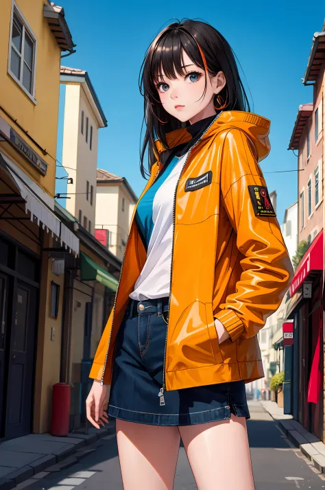 Masterpiece, Best Quality, Ultra High Resolution, gorgeous, visually stunning,1girl,(multicolor jacket, red, blue, yellow, orang...
