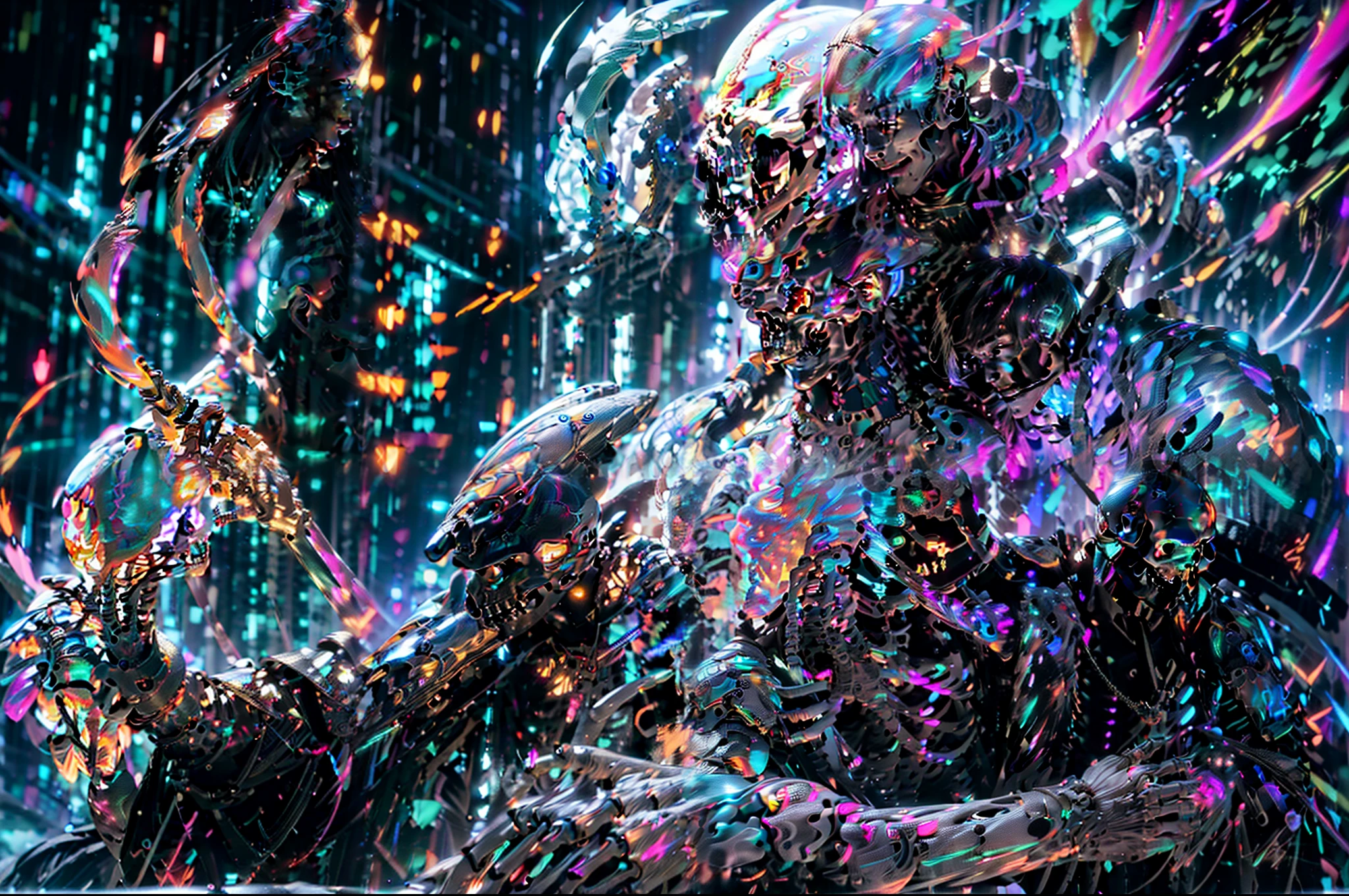 (masterpiece, top quality, best quality, official art, beautiful and aesthetic:1.2),(1man with full armor:1.3),neon lighting, (vibrant glow:1.2), extreme detailed,colorful,highest detailed ((ultra-detailed)), (highly detailed CG illustration),cinematic light,solo,(machine made joints:1.2),((machanical limbs)),(blood vessels connected to tubes),(character focus),science fiction,skeleton style,