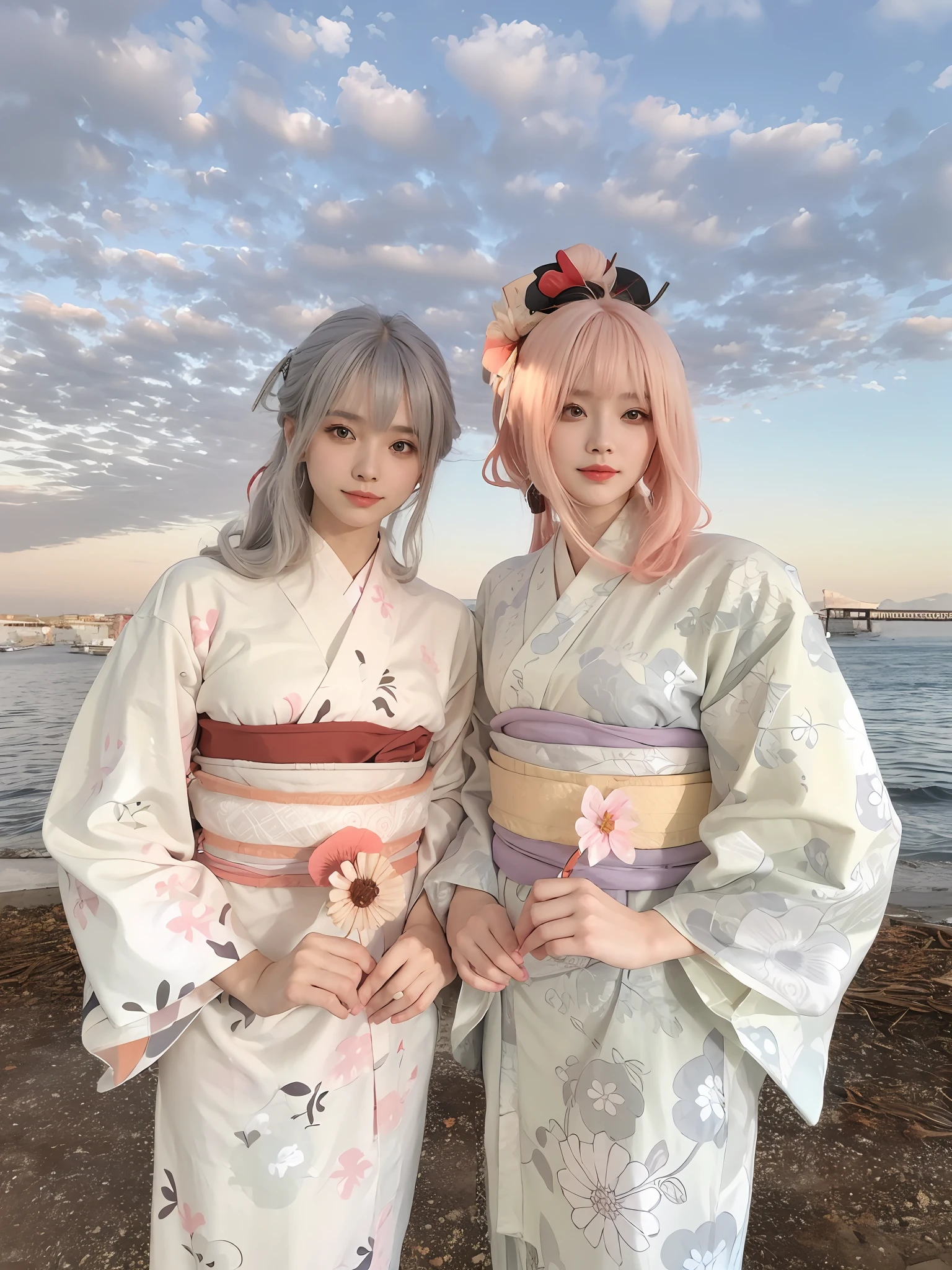 Zwei Frauen in Kimonos stehen nebeneinander, Yukata-Kleidung, japanische kleidung, Shikami, classy Yukata-Kleidung, Hime-Schnitt, blasser und bunter Kimono, japanisch inspiriert, Anime-Kostüm, Pfirsich-Goma-Stil, Sakimichan, gemeinsam, japanischer Kimono, weiße Hime-Cut-Frisur, japanischer Stil, Sakura Kinomoto, Mädchen mit weißem Haar im Kimono und Mädchen mit orangefarbenem Haar