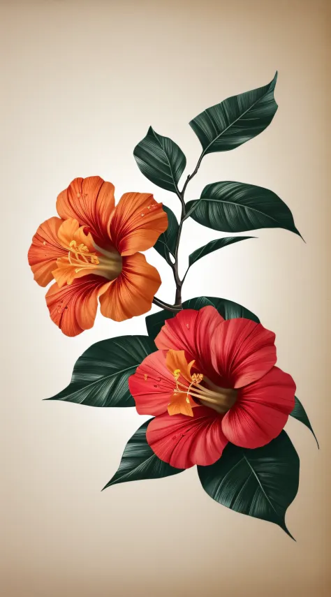 hibiscus flower blooming on a gnarled branch against a grey background, simple background, in the style of light orange and ligh...