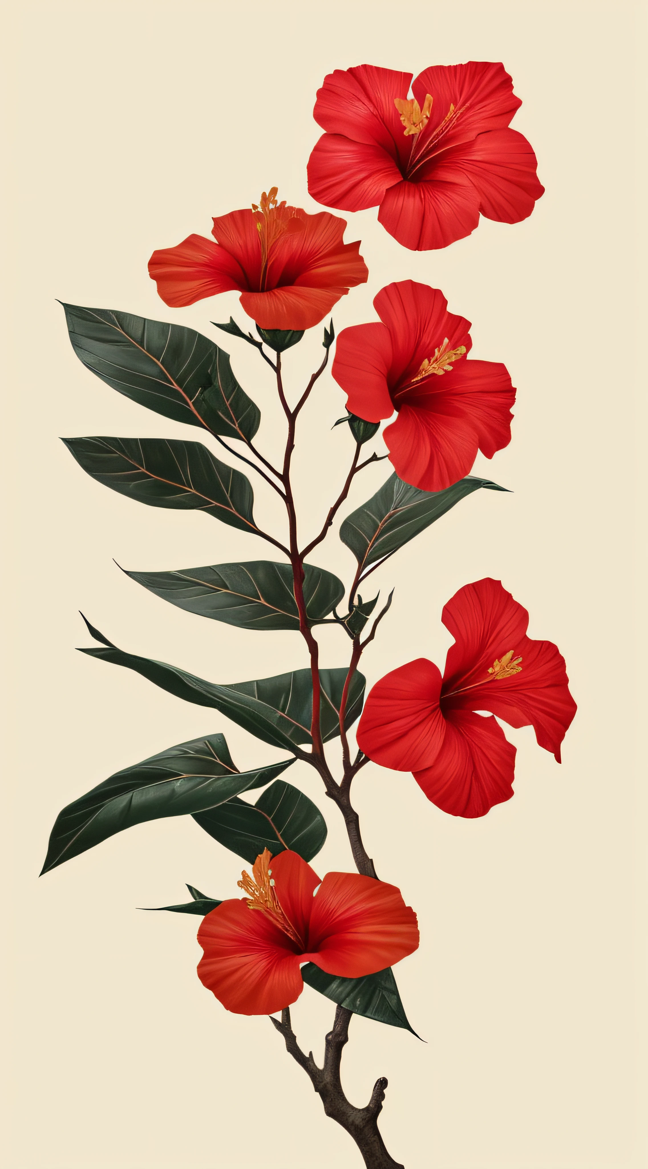 Hibiskusblüte blüht auf einem knorrigen Ast vor grauem Hintergrund, Einfacher Hintergrund, im Stil von Hellorange und Hellbeige, minimalist images, Fotografie-Installationen, Paläocore, grün und purpur, Hyperrealistisch, poetische Intimität