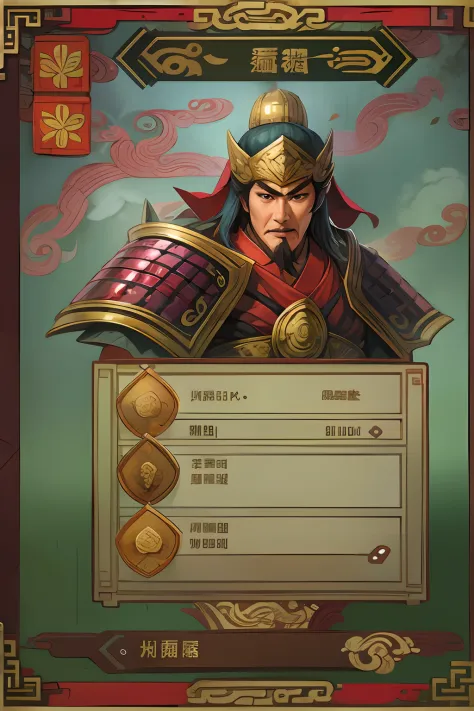 Card design、Below is the UI text box，1 Chinese male，Three Kingdoms style:1.2，Ancient Chinese background，A meticulous face，arma，L...