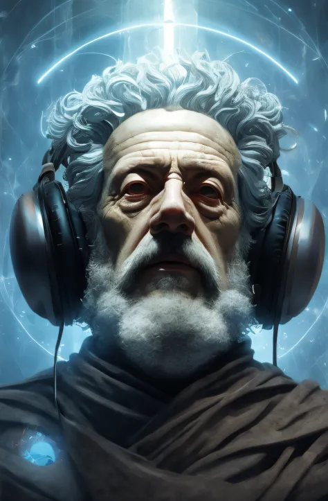 foto frontal filosofo grego com fones de ouvidos, Marcus Aurelius with headphones, Old Greek sage, pixel sorting, arquitetura br...
