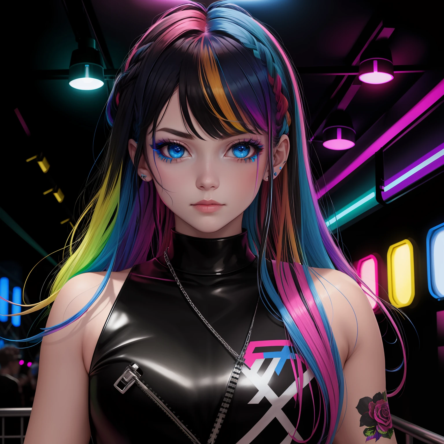 masterpiece, best quality, rainbow_hair, outlaw, blue_eyes, night, neon_lights, blacklight, at a club, solo, face_focus,