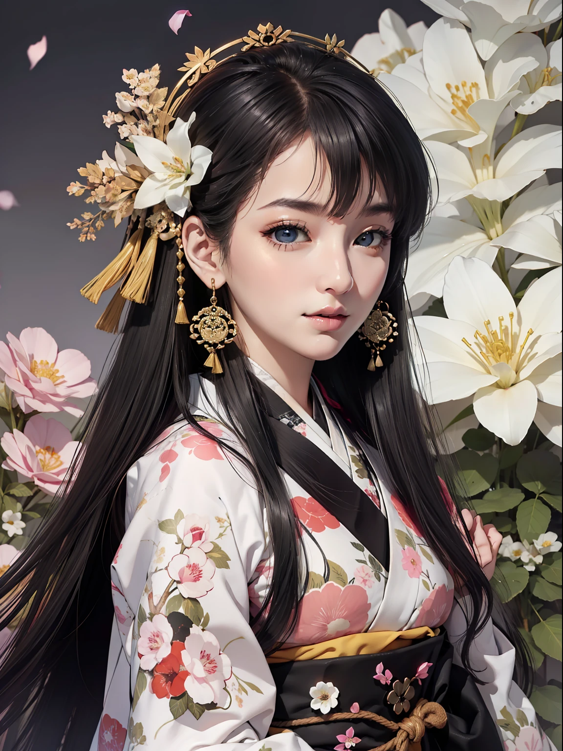Mature girl、Long Black Hair、A slight smile、Black-haired、Colorful Japan kimono、Nishijin Ori、Delicate and smart eyes、intricate damask hanfu、Luxury accessories、FOV、F1.8、​masterpiece、complex scenes、flower petals flying、Diagonal portrait shot、