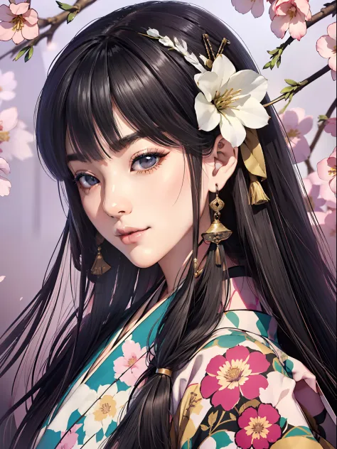 mature girl、long black hair、a slight smile、black-haired、colorful japan kimono、nishijin ori、delicate and smart eyes、intricate dam...