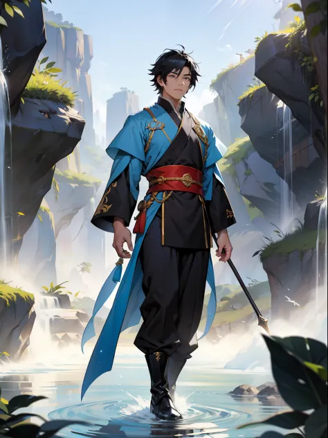 of a guy，Douluo Continent costume，Black hair，Mighty，standing on your feet，rays of sunshine，