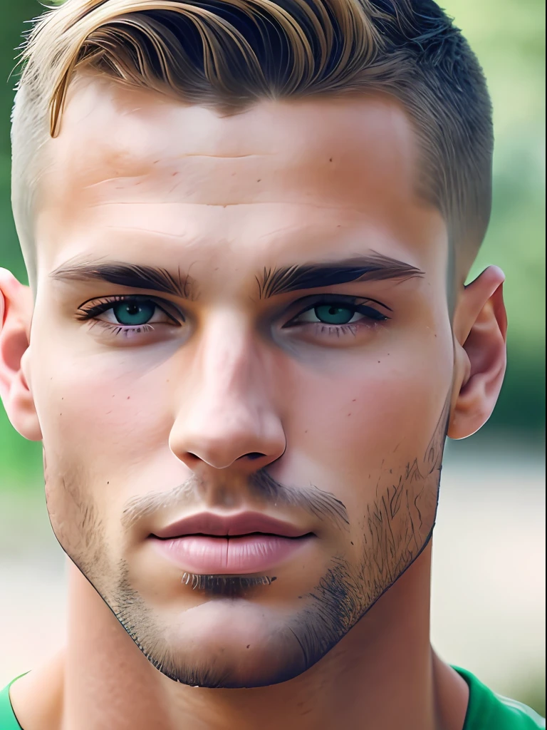 Masterpiece full frame, Close portrait, insanely handsome male model, 40s, Herculean Greek male, taupe clear skin, auburn buzzcut hair, blonde hair, very masculine, heterochromia green eyes, (skin texture), skin pores, shallow depth of field, sharp eye focus, backlit