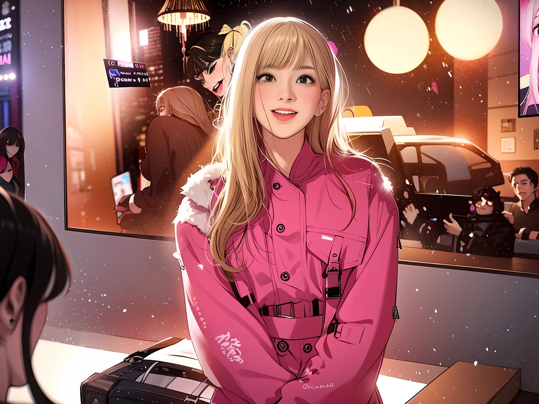 blonde Frau in rosa Jacke posiert vor einem großen Bildschirm, Lalisa Manobal, Lalisa Manoban von Blackpink, Roseanne Park von Blackpink, Jossi von Blackpink, portrait of Jossi von Blackpink, Porträt von Kim Petras, belle delphine, Mit Pony, Ava Max, mit vollem Pony, cl, Sonne Yunjoo, Janice gesungen, Sha Xi