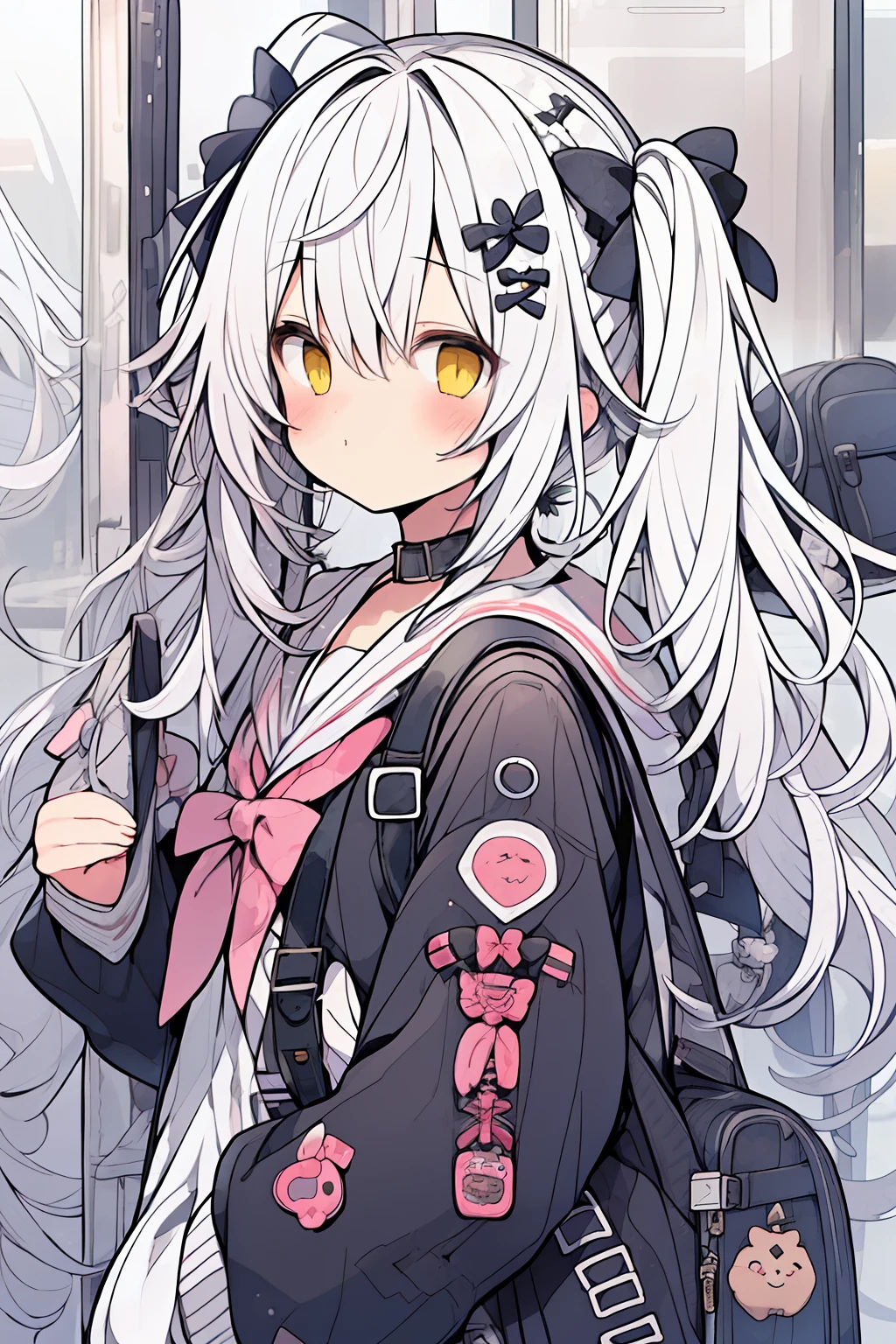 One Girl、white  hair、Twin-tailed、High twin tails、​masterpiece、Top image quality、top-quality、Yellow eyes、black ribbon on the head、Cute Bag