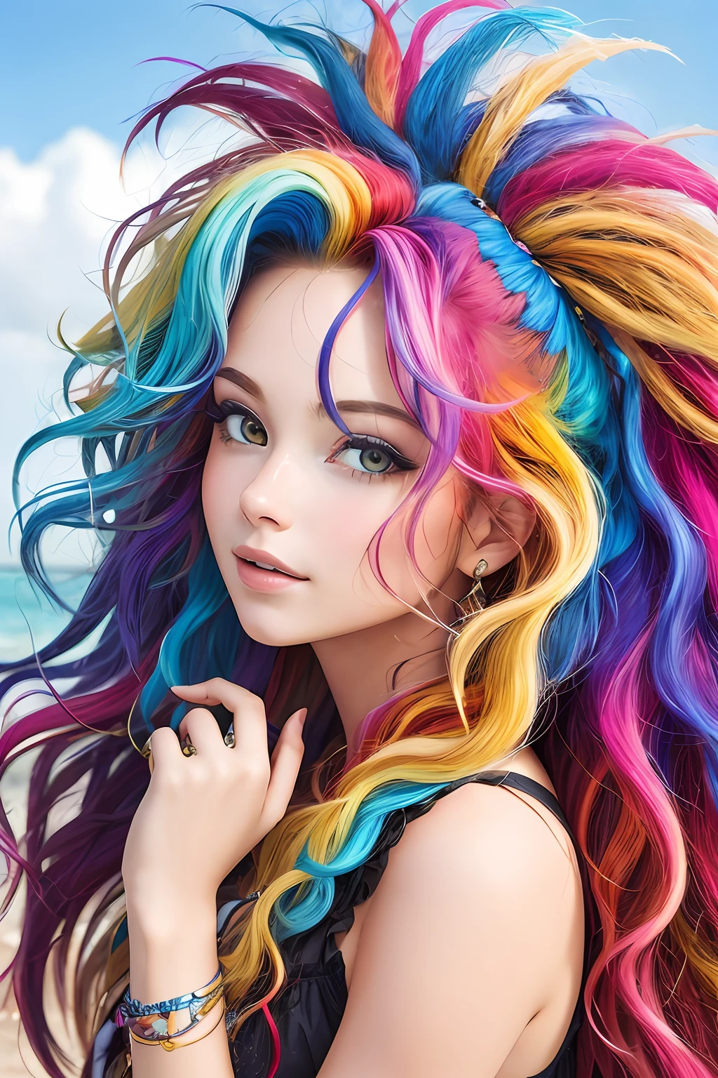 melhor qualidade, obra de arte, garota com cabelo realmente selvagem, meu, cabelo multicolorido