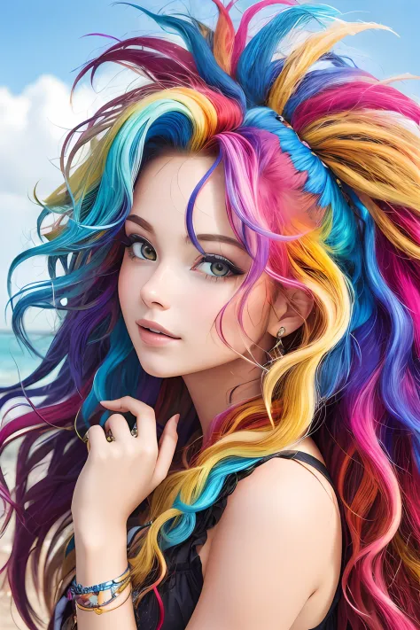 best quality, masterpiece, girl with really wild hair, mane, multicolored hair