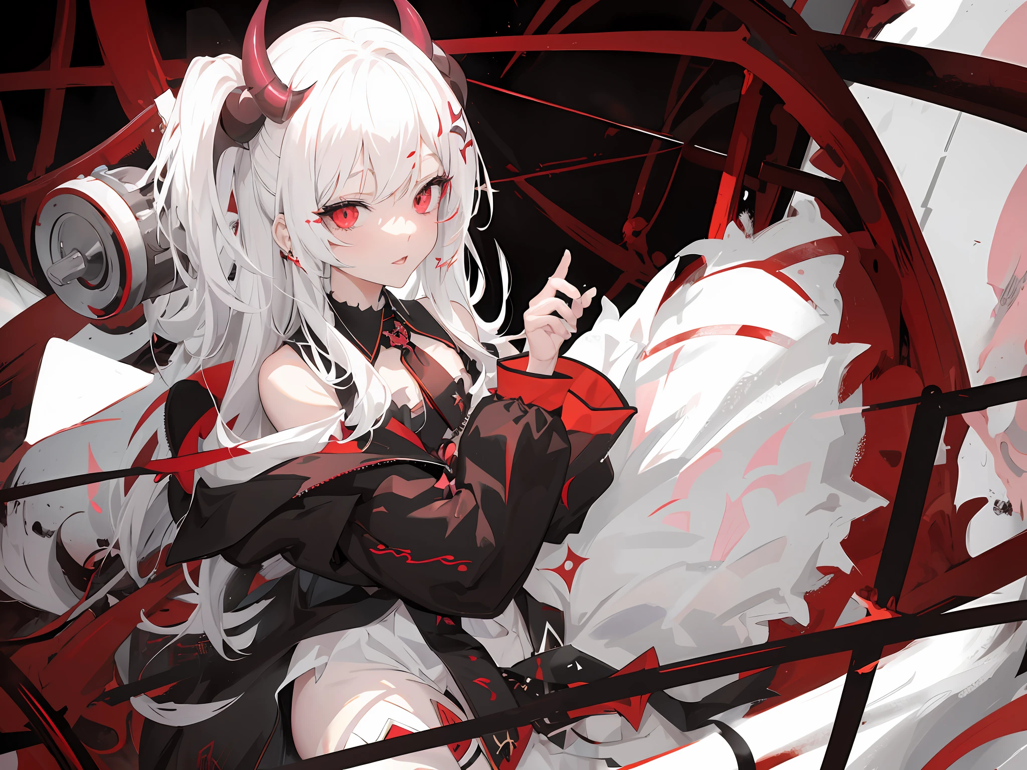 Anime girl with white hair and horns holding a gun - SeaArt AI