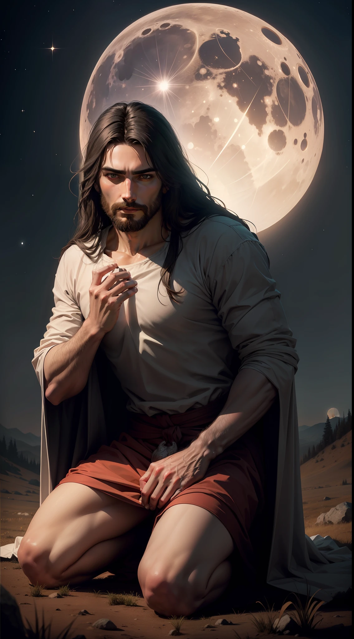 Jesus Christ with his face leaning upwards kneeling on top of a hill ...