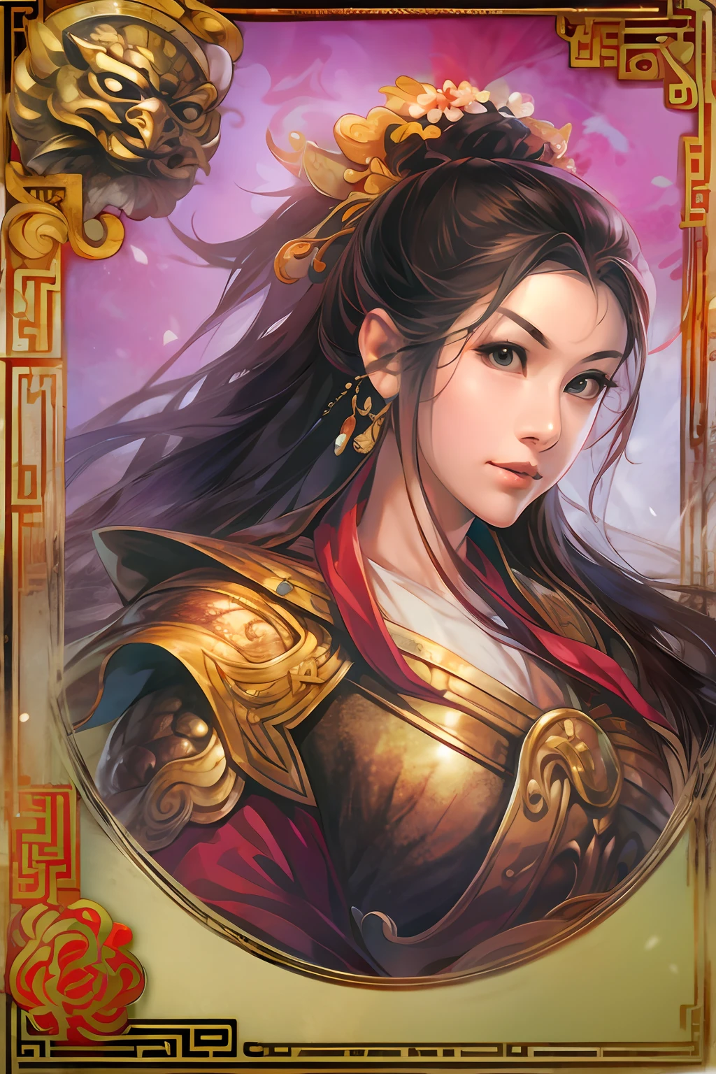 Card design、Below is the UI text box，1female，three kingdom:1.2，Ancient Chinese background，A meticulous face，Clear face，beautidful eyes，Three Kingdoms killing background、对称，High picture quality，tmasterpiece，best qualtiy，超高分辨率