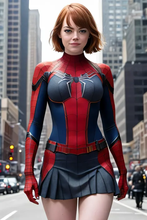 Emma Stone in a spider-man suit, 30 years old, (mini skirt:1.1), sexy, short hair with bangs, belt, deep neckline, cheeky smile, in new york, shot on dslr, detailed face, big hips, amazing  body, amazing  legs, cinematography, maximum details, neutral colo...