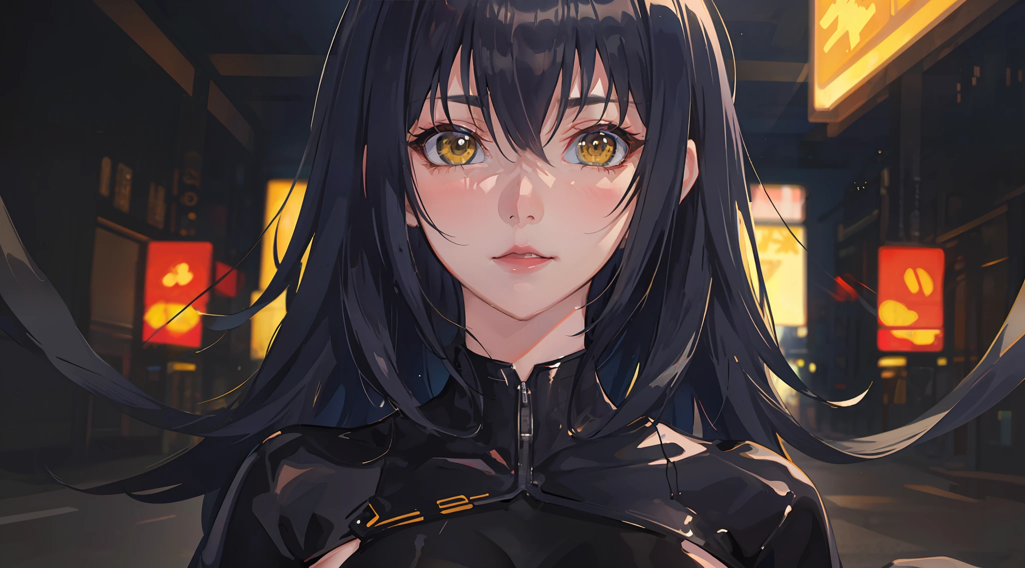 professional artwork, Intricate Details, field of view, sharp focus, detailed painting, photorealistic lighting, trending on pixiv, Standing at attention, black outfit ,yellow collared shirt,black and red bodysuit,skin_tight,black legwear, black pantyhose, Side_boob, black hair,very long hair, Bangs,yellow eyes,makeup, lipstick, 20yo,mature female,Beautiful Finger,Beautiful long legs,Beautiful body,Beautiful Nose,Beautiful character design, perfect eyes, perfect face, looking at viewer, NSFW,official art,extremely detailed CG unity 8k wallpaper, perfect lighting,Colorful, Bright_Front_face_Lighting, (masterpiece:1.0),(best_quality:1.0), ultra high res,4K,ultra-detailed, photography, 8K, HDR, highres, absurdres:1.2, Kodak portra 400, film grain, blurry background, bokeh:1.2, lens flare, (vibrant_color:1.2) (Beautiful,large_Breasts:1.4), (beautiful_face:1.5),(narrow_waist), (solo:1.4), ((landscape dimension)), annerose, classroom