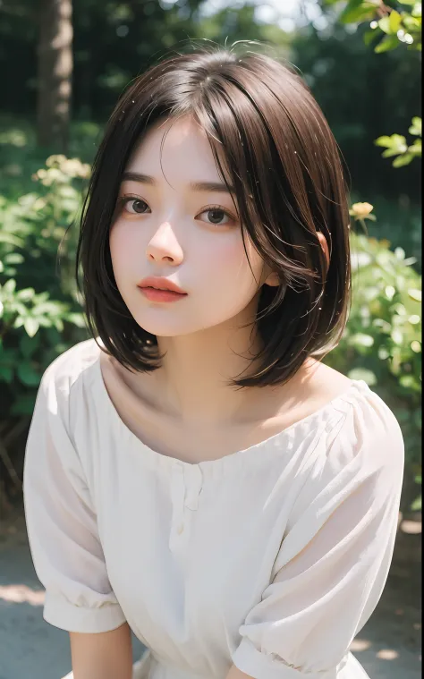 ((top-quality、​masterpiece))、Raw photography、8K、top-quality、 超A high resolution、Beautiful face in every detail、Realistic human skin、Gentle expression、front-facing view、Farbe々From an angle、(shorth hair:1.5)、realisitic、Photorealsitic、cute little、夏天、a park、Wh...
