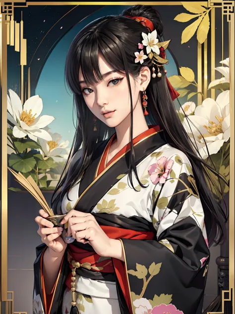 mature girl、long black hair、a slight smile、black-haired、colorful japan kimono、nishijin ori、delicate and smart eyes、intricate dam...