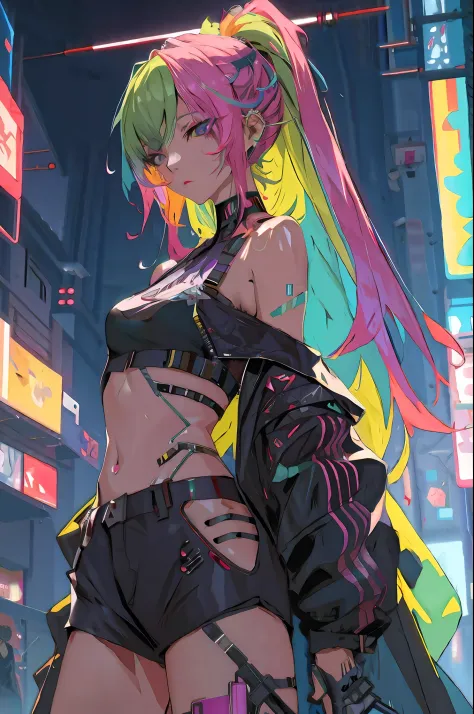 anime girl with pink hair and black costume in the city, cyberpunk anime girl, anime cyberpunk art, digital cyberpunk anime art,...