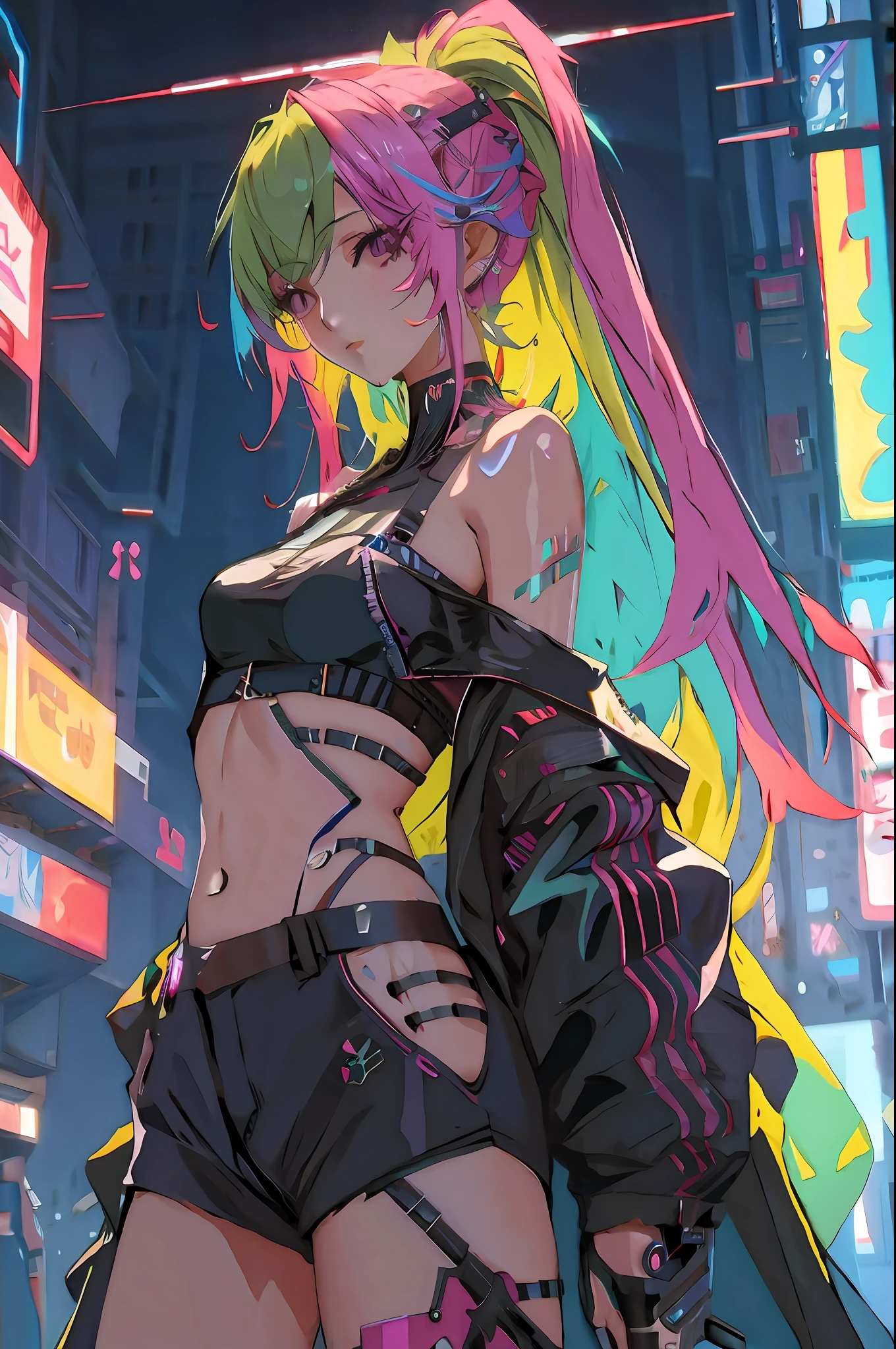 Anime girl with pink hair and black costume in the city, cyberpunk anime girl, anime cyberpunk art, Digital cyberpunk anime art, digitl cyberpunk - anime art, cyberpunk anime art, female cyberpunk anime girl, Cyberpunk art style, Best anime 4k konachan wallpaper, Anime cyberpunk moderno, Cyberpunk vibe, style of anime4 K, cyberpunk atmosphere, bright cyberpunk glow, anime cyberpunk