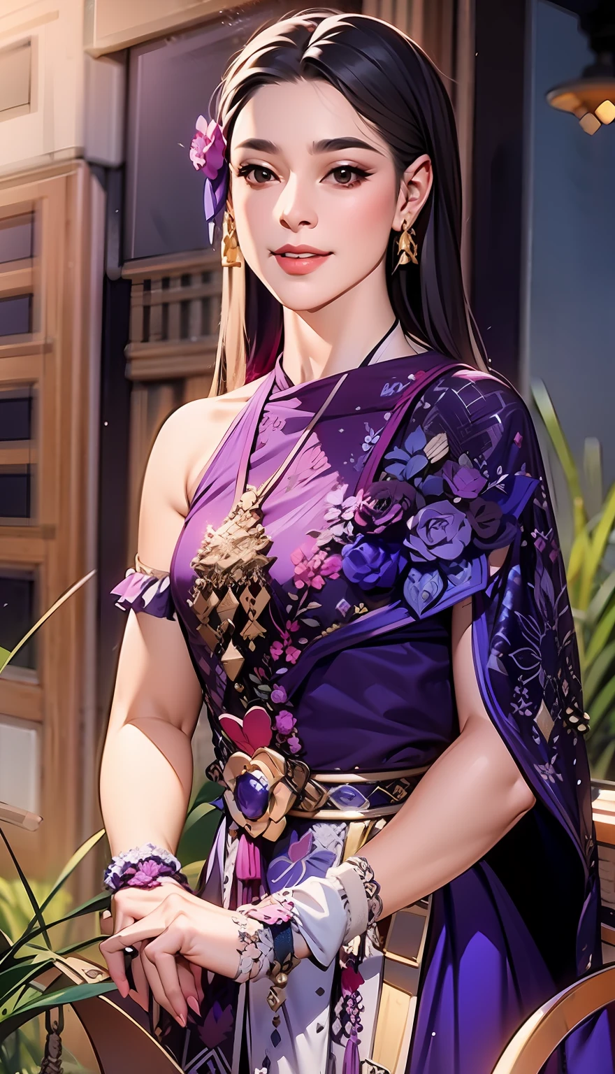 una mujer con un vestido morado está parada afuera, al estilo de lam manh, patiphan sottiwilaiphong, nivanh chanthara, traje de sukhothai, dilraba dilmurat, Capa gruesa de color morado y blanco, patiphan sottiwilai, al estilo de thawan duchanee, vistiendo ropas de seda adornadas