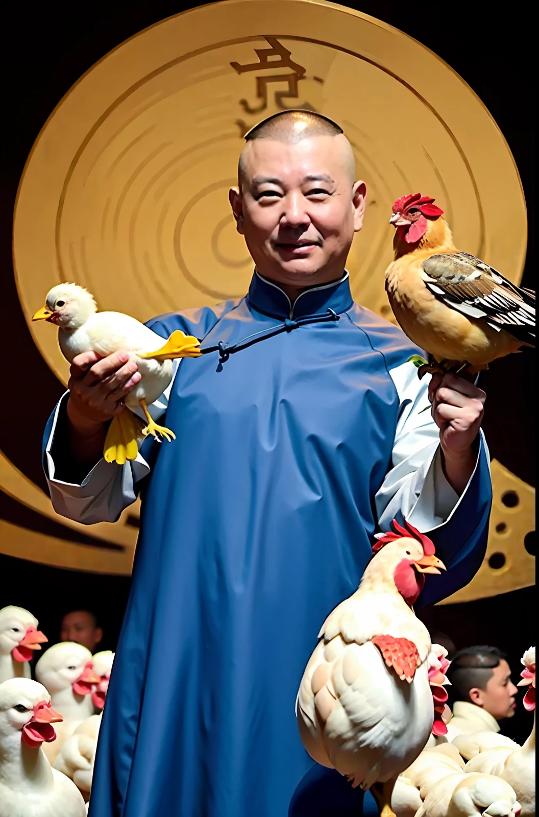 Arafed man holding a bunch of chickens and a bird - SeaArt AI