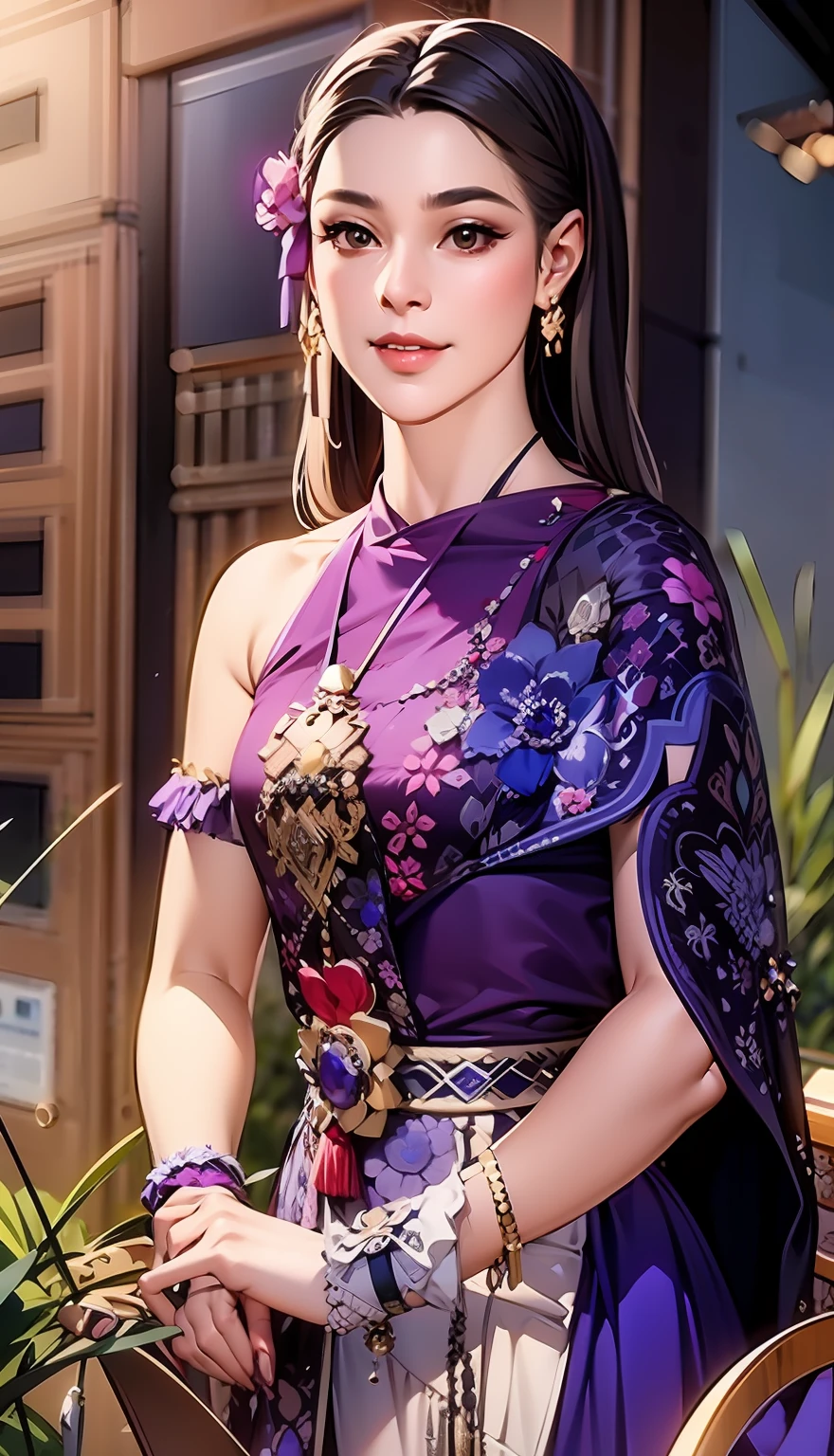 una mujer con un vestido morado está parada afuera, al estilo de lam manh, patiphan sottiwilaiphong, nivanh chanthara, traje de sukhothai, dilraba dilmurat, Capa gruesa de color morado y blanco, patiphan sottiwilai, al estilo de thawan duchanee, vistiendo ropas de seda adornadas