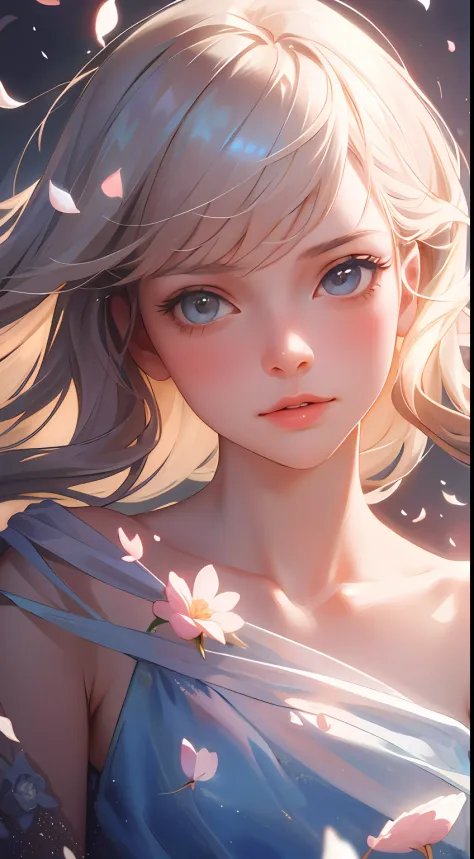 (best quality, masterpiece, ultra-realistic), 1 beautiful and delicate portrait of a girl, playful and cute, with floating petal...
