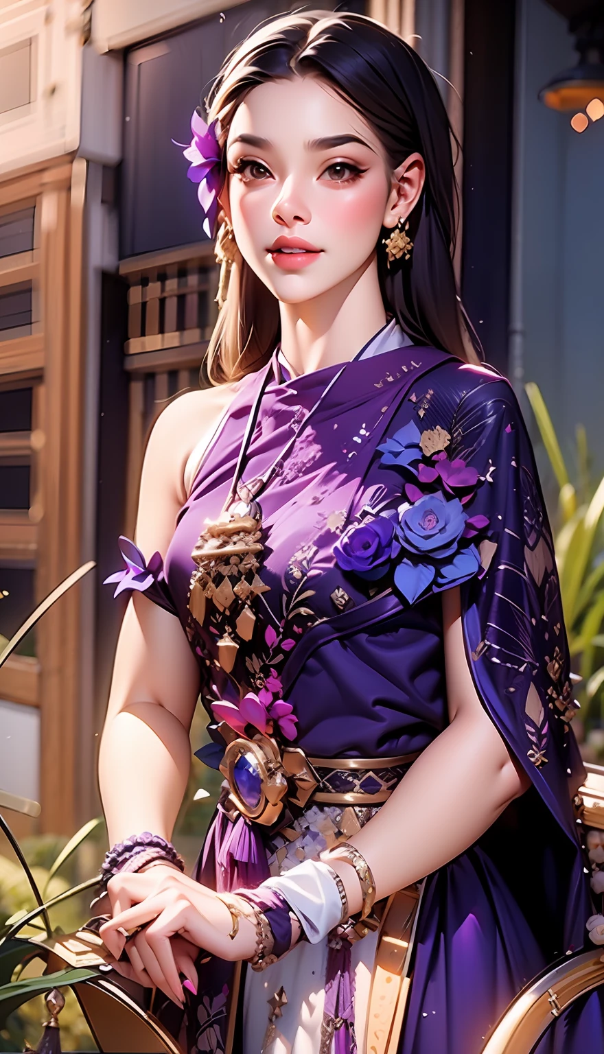 una mujer con un vestido morado está parada afuera, al estilo de lam manh, patiphan sottiwilaiphong, nivanh chanthara, traje de sukhothai, dilraba dilmurat, Capa gruesa de color morado y blanco, patiphan sottiwilai, al estilo de thawan duchanee, vistiendo ropas de seda adornadas