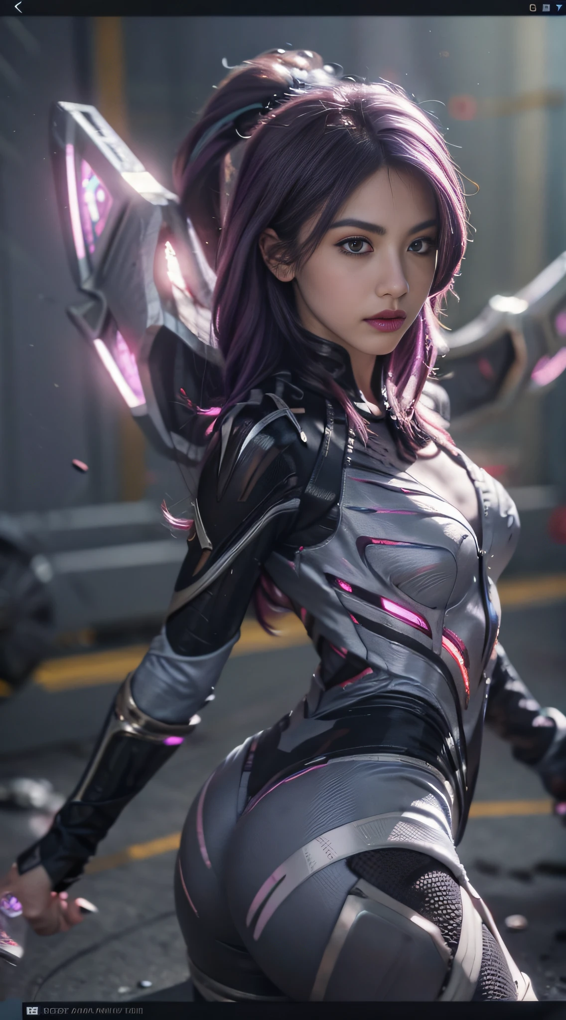 1fille, Kai&#39;sa, League of Legends, échouer, ailes violettes, cheveux violet foncé, yeux violets, Expression sérieuse, éblouissement intense, En regardant le public, par derrière, (pose dynamique), (ailes vides), armes, chef-d&#39;œuvre, fond d&#39;écran CG Unity 8k extrêmement détaillé, Meilleure qualité, 32k, Mise au point claire, CyberCité, enseigne au néon, OUVERTURE, champ vide