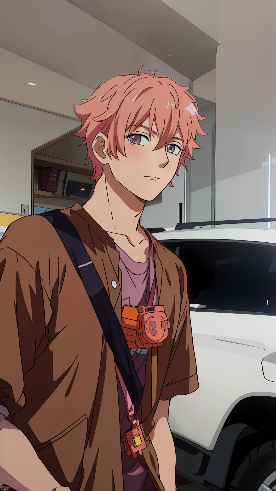 Anime image of a man with pink hair standing in front of a white SUV, official anime still, orange - haired anime boy, 8K!, official studio anime still, Today's featured anime stills, still from tv anime, in the anime film, nobutaka ike, key anime visuals, miura kentaro style, animated still, miura kentaro style