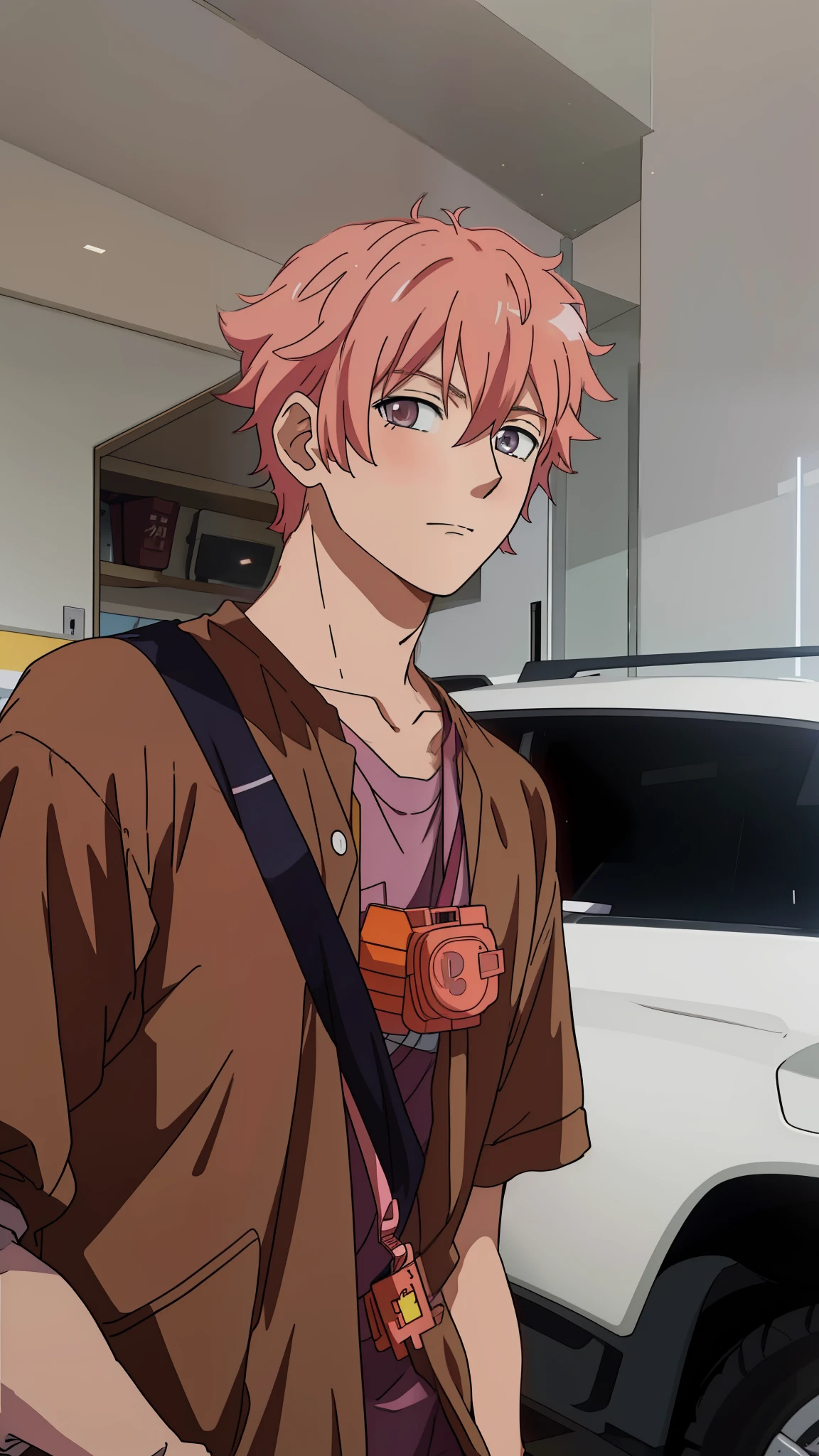 Imagem de anime de um homem com cabelo rosa parado na frente de um SUV branco, anime oficial ainda, menino anime de cabelo laranja, 8K!, anime oficial do estúdio ainda, fotos de anime em destaque de hoje, ainda do anime de TV, no filme de anime, nobutaka ike, principais visuais do anime, estilo miura kentaro, ainda animado, estilo miura kentaro