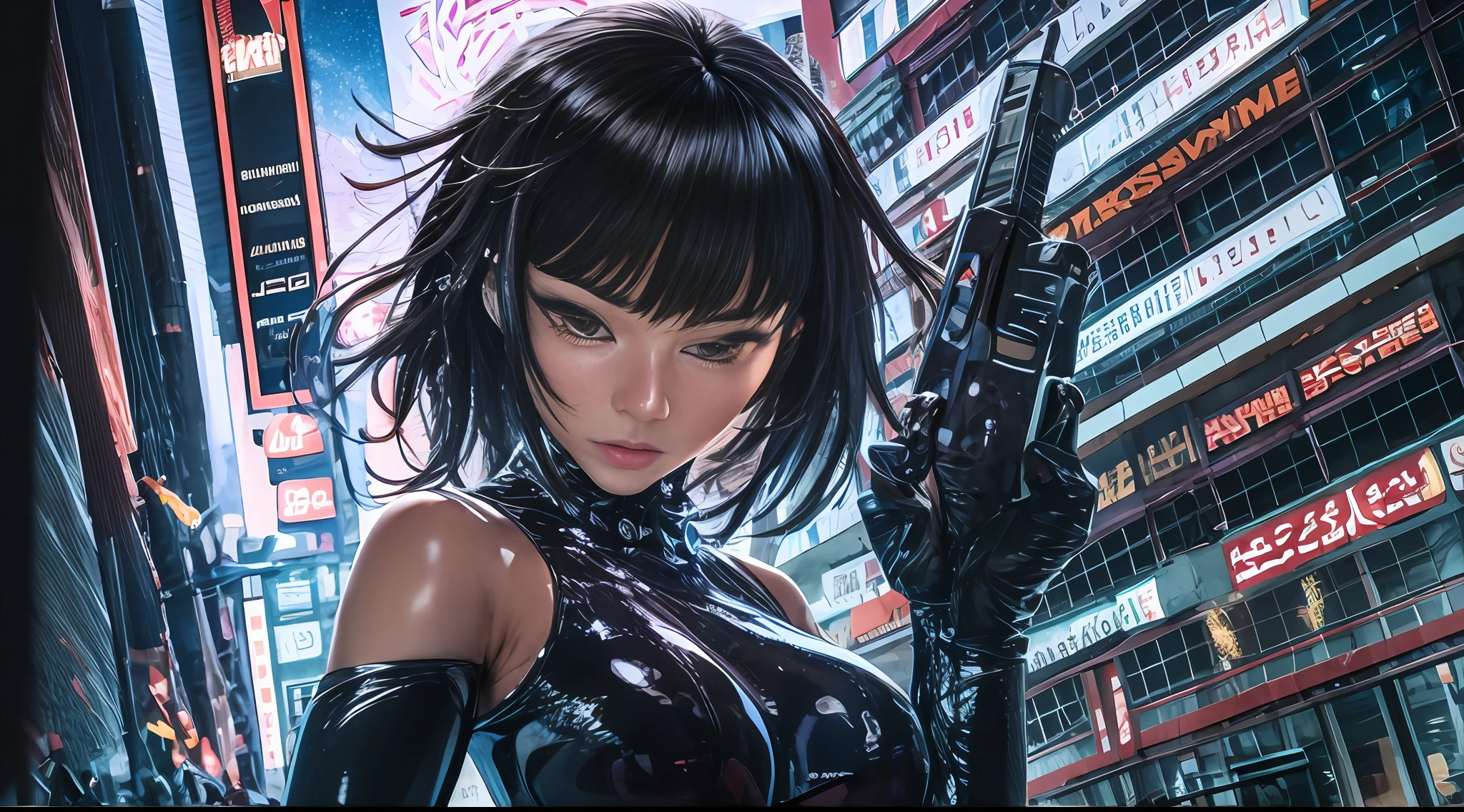 (Meisterstück)，（Ultraklare Bildqualität）Nahaufnahme eines Mannes in einem schwarzen Latexanzug, (hält eine Waffe in der Hand)，Foto von Shinsuke Sato，((Kill City:0，Schwarze Latexkleidung,Gantz:0)),Nachtstadtschlacht-Hintergrund，Das Feuer brach in den Himmel，Funken fliegen，cyberpunk glossy latex suit, gantz, cyberpunk anime, futuristischer glänzender Latexanzug, gestylt wie Ghost in the Shell, diverse Cybersuits, Filmplakatfigur, an oppai cyberpunk, Cyber-Anzug, Cyber-Anzug