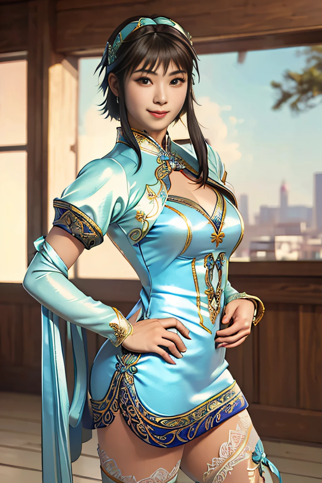 (masterpiece, best quality:1.2), cowboy shot, solo, 1girl, Xianghua, closed mouth, looking at viewer, hand on hip, hairband,  XiaRobe dress, , pantyhose,  (insanely detailed, beautiful detailed face, masterpiece,beautiful detailed face eyes, best quality), silk, satin, shiny, sexy pose, smile,