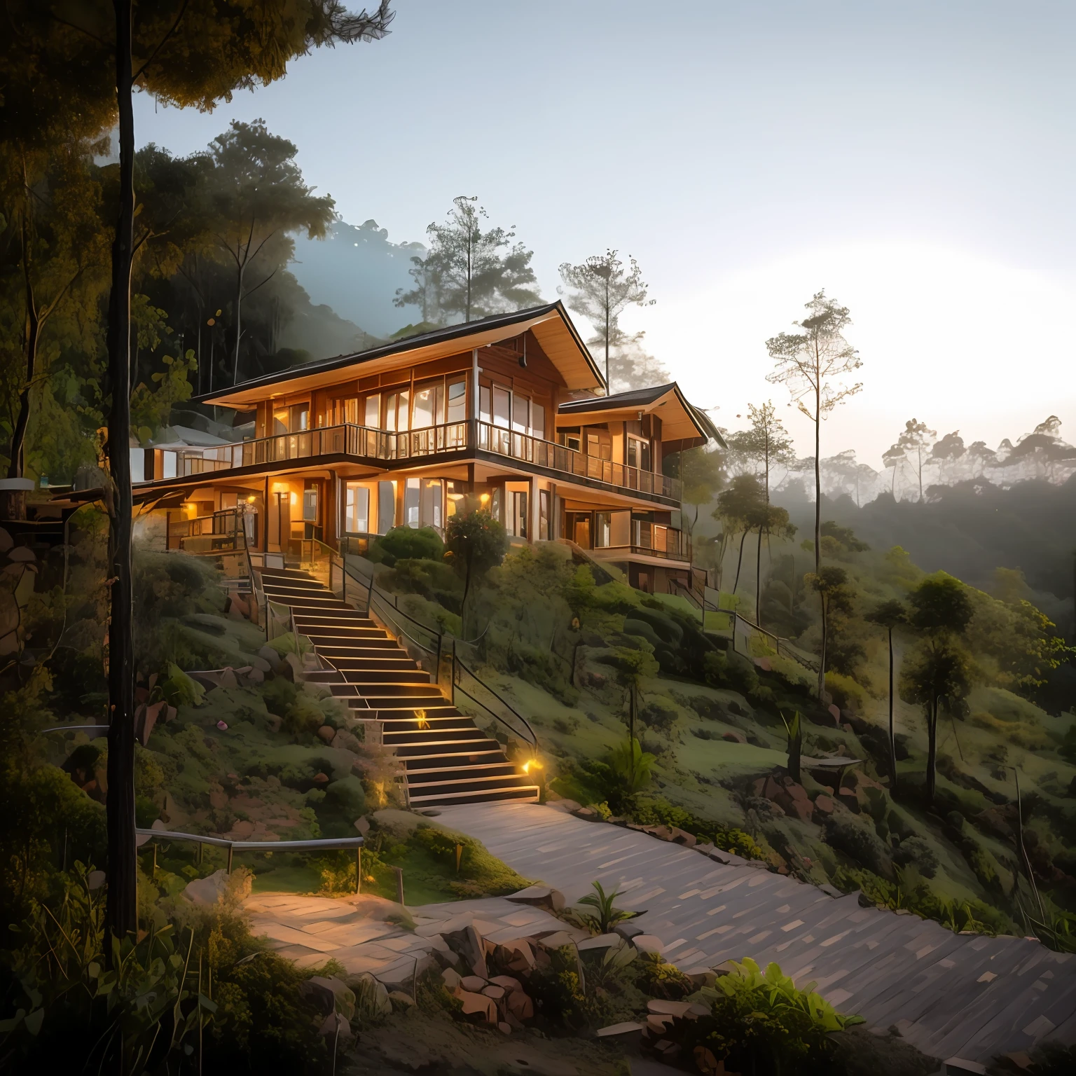 a house on a hill with a wood railing staircase leading up to it, beautiful sky,  modern house in the wood, house in forest, architectural , architectural rendering, house in the wood, architectural render, house on a hill, highly detailed