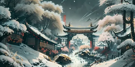 （super wide shot），（Best Masterpiece），8K，An ancient Chinese town nestled in the hills of the mountains，Densely wooded，The leaves are verdant，The stream is babbling，The visuals are beautiful and beautiful，full of sunlight，Winter view，Covered with snow，