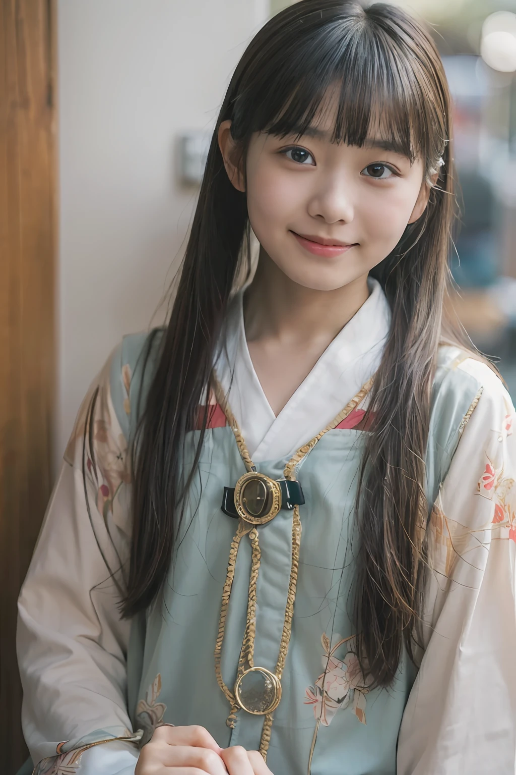 (8K、RAW-Fotografie、Top Qualität、Masseterstück:1.2)、ultra-detailliert、Ultra-Auflösung、(realistisch、rialistisches Foto:1.37), (Japanische Mädchen im Alter von 12 Jahren, Rundes Gesicht, Bangs:1.3), (japanisches Mädchen:1.2), (früher Teenager:1), (lächeln:0.5),