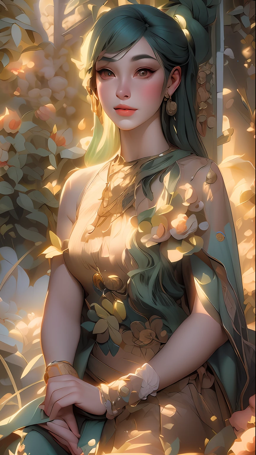 Hay una pintura de una mujer con un vestido y una flor., ((una hermosa emperatriz de fantasía)), diosa del bosque, Una hermosa ilustración artística., diosa de las flores, Exquisita ilustración digital, diosa de la naturaleza, una hermosa emperatriz de fantasía, princesa elfa, anime coreano art nouveau, pintura digital elegante, retrato de primer plano de la diosa, diosa de la primavera, emperatriz otoñal