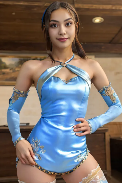 (masterpiece, best quality:1.2), cowboy shot, solo, 1girl, Xianghua, closed mouth, looking at viewer, hand on hip, hairband,  XiaRobe dress, , pantyhose,  (insanely detailed, beautiful detailed face, masterpiece,beautiful detailed face eyes, best quality),...