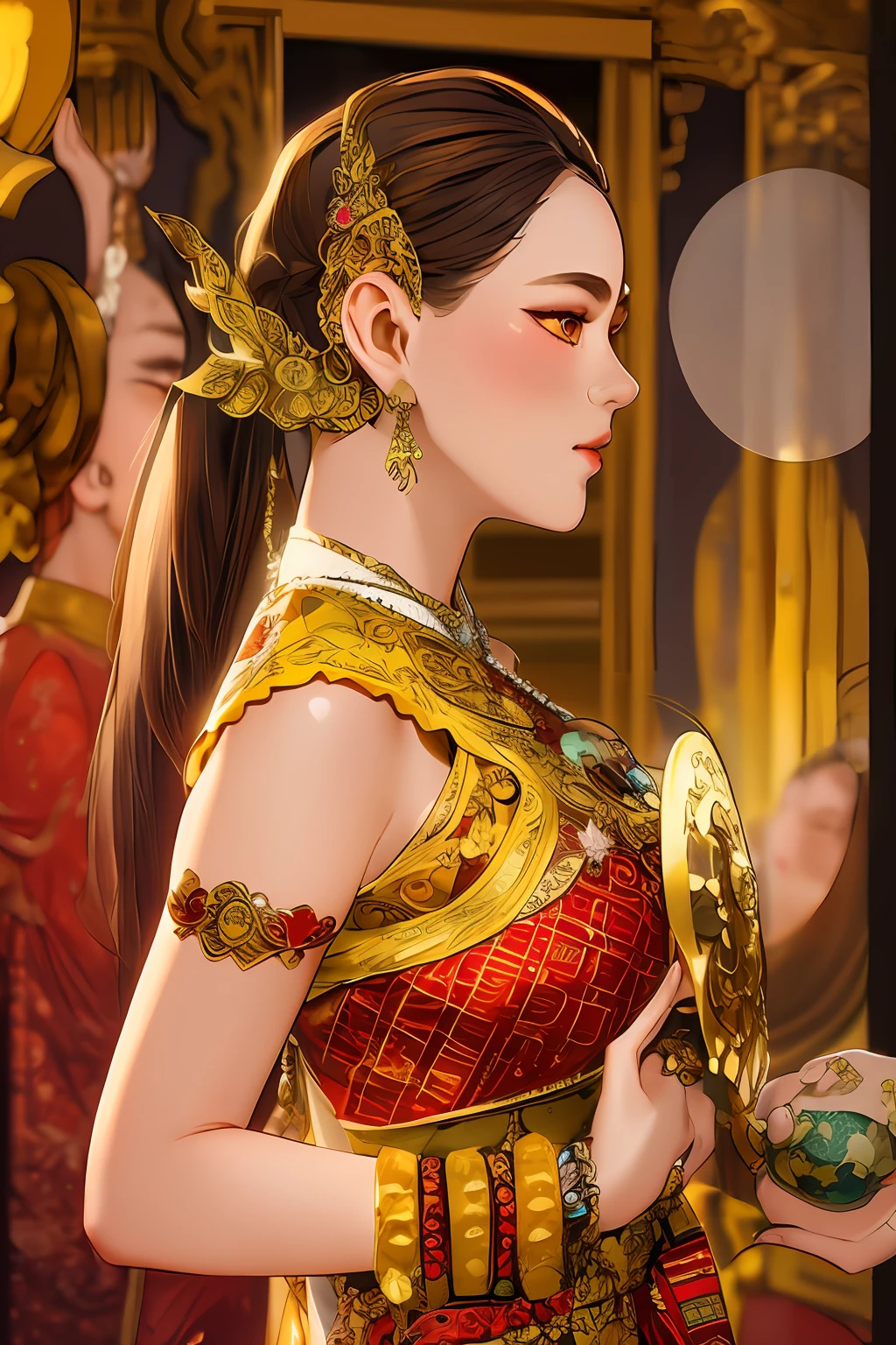 arafed woman in a traditional thai costume holding a mirror, sukhothai costume, traditional beauty, dilraba dilmurat, traditional, gold adornments, traditional female hairstyles, anime thai girl, thailand art, gorgeous and huge head ornaments, traditional tai costume, tai traditional bronze headdress, wearing ornate clothing, intricate gold headdress, beautiful costume