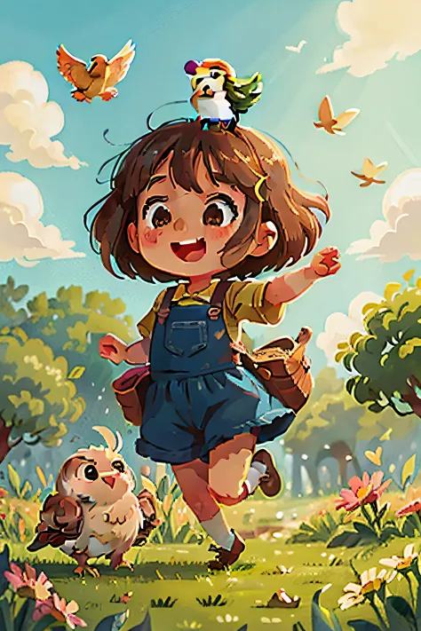 cute little girl jumping in the fields and having fun with her pet bird